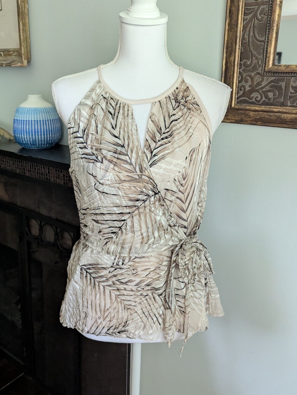 White House Black Market Womens 6 Floral Sleeveless Tie Blouse Ivory Silk Blend